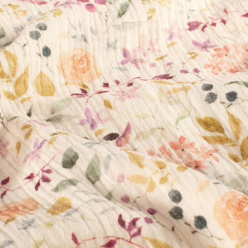 Mousseline/dubbel gehaakte stoffen Aquarel bloemenweide Digitaal printen – creme,  image number 2