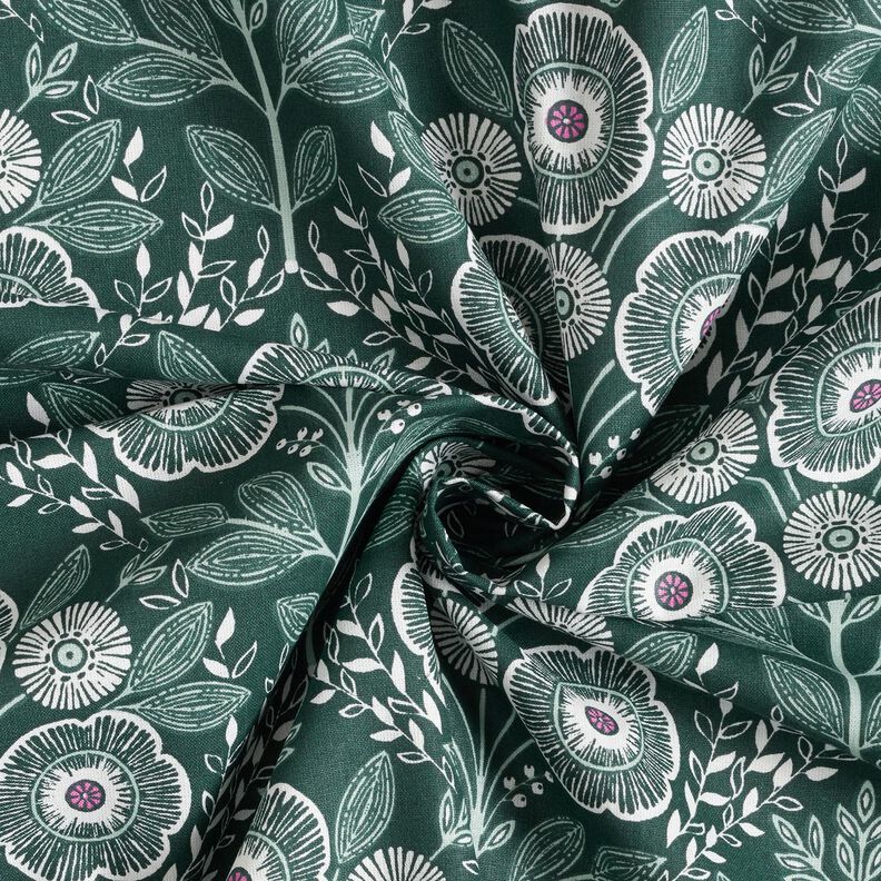 Katoenen stof Cretonne Bloemenranken – blauwe spar/ivoor, image number 3