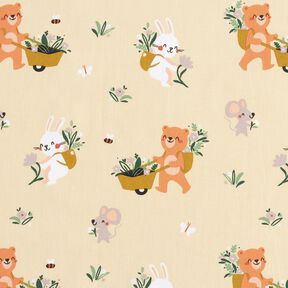 Katoenpopeline Dieren plukken bloemen &ndash; vanillegeel, 