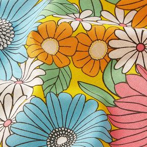 Katoenen stof Cretonne grote retrobloemen – turkoois/zonnegeel, 