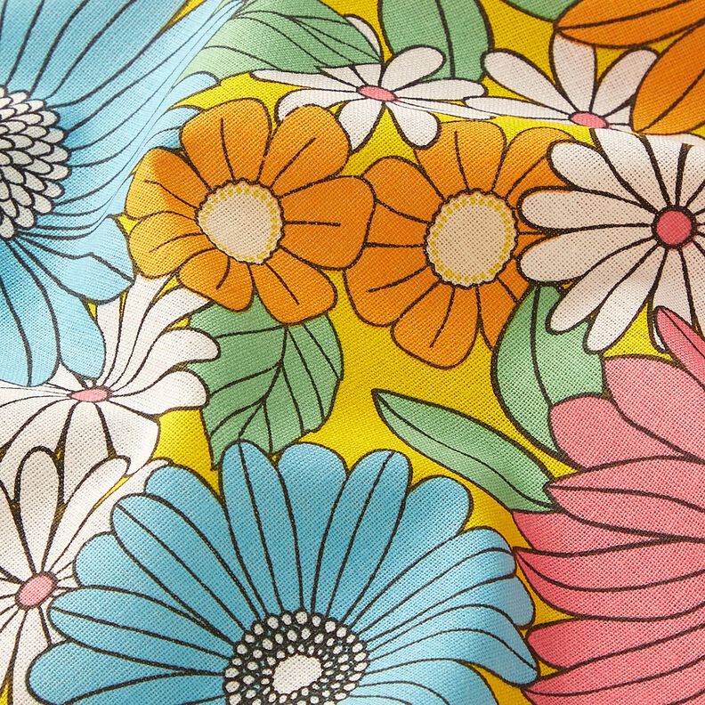 Katoenen stof Cretonne grote retrobloemen – turkoois/zonnegeel,  image number 2