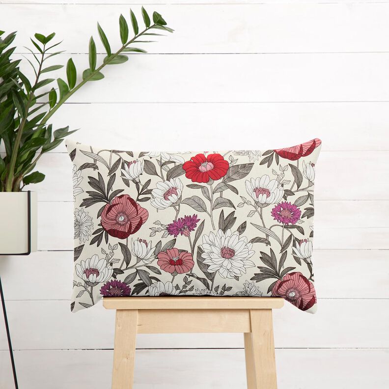 Katoenen stof Cretonne kleurrijke bloemen – druif/natuur,  image number 5