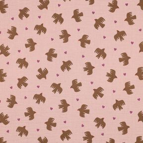 GOTS Mousseline/dubbel gehaakte stoffen Vogels en harten | Poppy Fabrics – oudroze, 