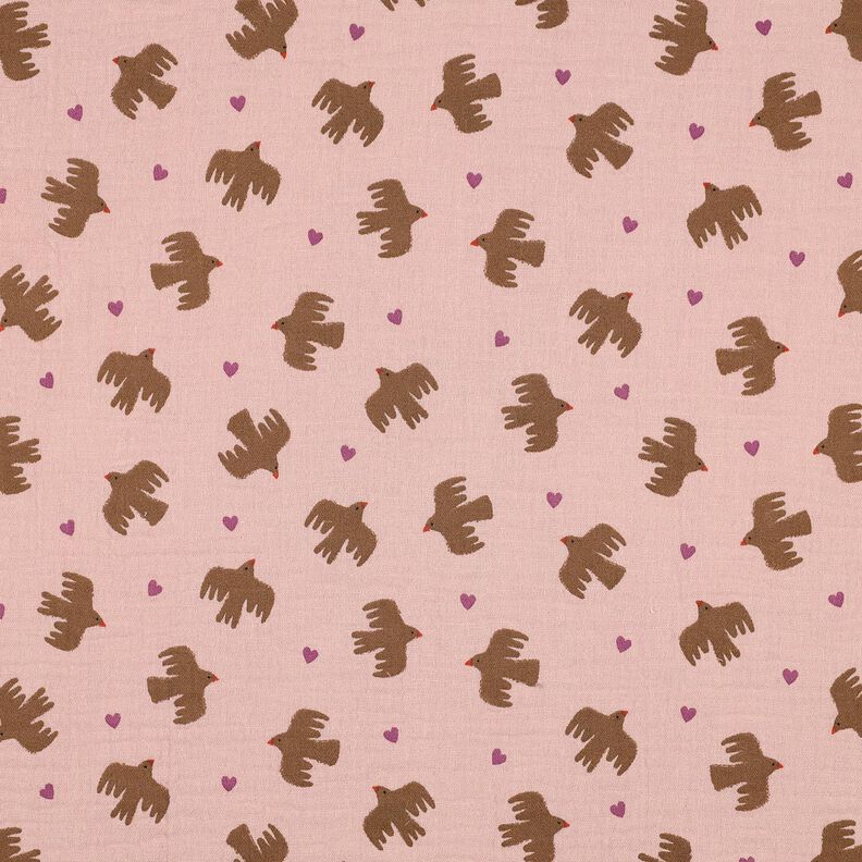 GOTS Mousseline/dubbel gehaakte stoffen Vogels en harten | Poppy Fabrics – oudroze, image number 1