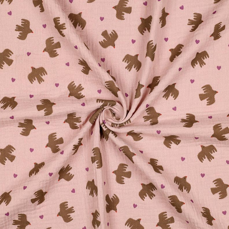 GOTS Mousseline/dubbel gehaakte stoffen Vogels en harten | Poppy Fabrics – oudroze, image number 4