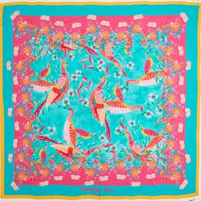 Strandkleding paneel pareo pauwen en bloemen – aquablauw/intens roze, 