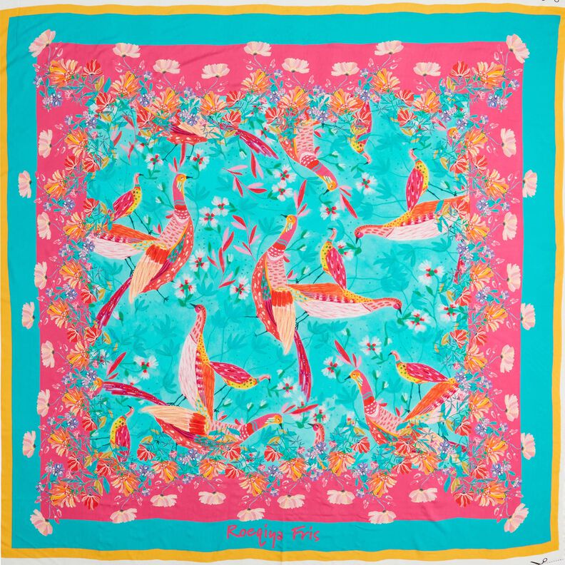 Strandkleding paneel pareo pauwen en bloemen – aquablauw/intens roze, image number 1