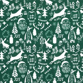 Katoenen stof Cretonne Prettige feestdagen – blauwe spar/wit, 