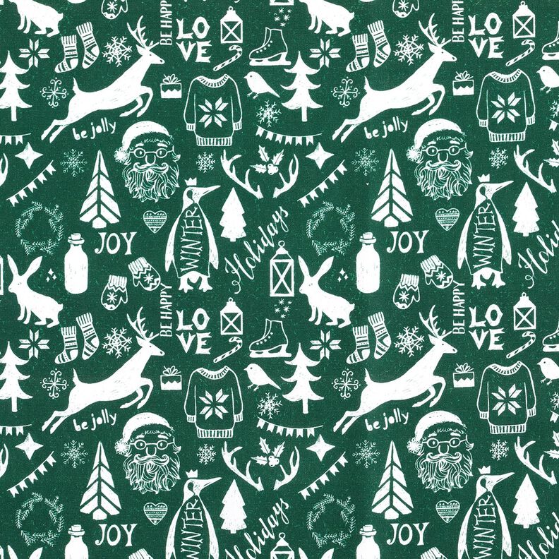 Katoenen stof Cretonne Prettige feestdagen – blauwe spar/wit,  image number 1