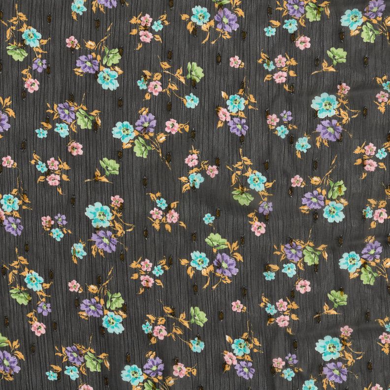 Crêpe chiffon Bloemen en gouden druppels – zwart/goud metallic, image number 1