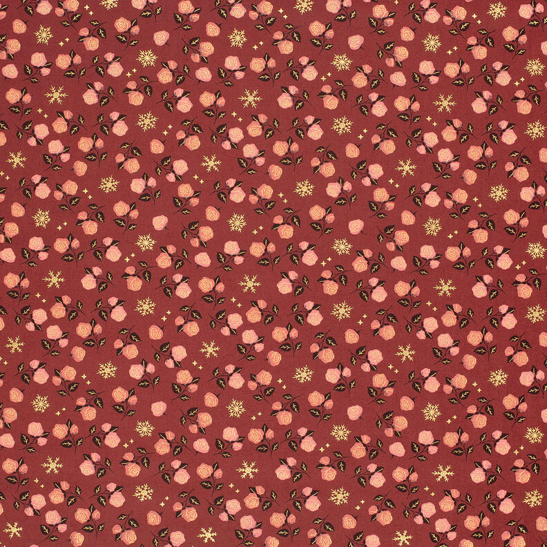 Katoenen stof Popeline Klassieke rozen – donkerrood/goud,  image number 6