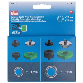 Gereedschapsset oogjes [8 stuks | Ø 11+14 mm] | Prym – zilver/donkergroen, 
