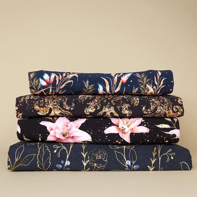 Katoenjersey Stof voor rand met bloemen in gouden glitters | Glitzerpüppi – nachtblauw/jeansblauw,  image number 5