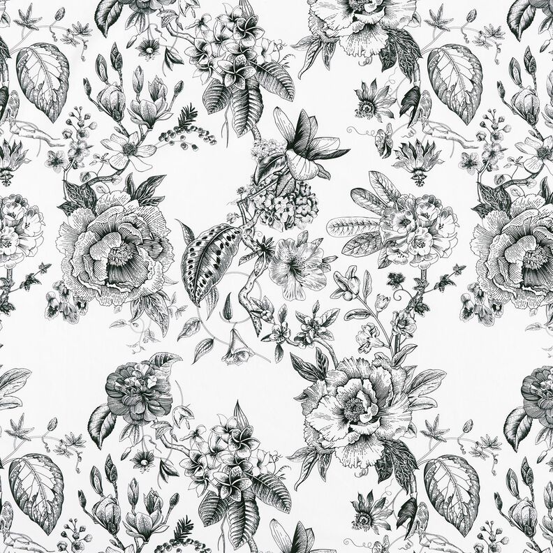 Decostof Half panama pittoreske bloemen – wit/zwart, image number 1