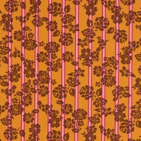 Katoenen stof Cretonne Bloemen op strepen – currygeel/purper, 