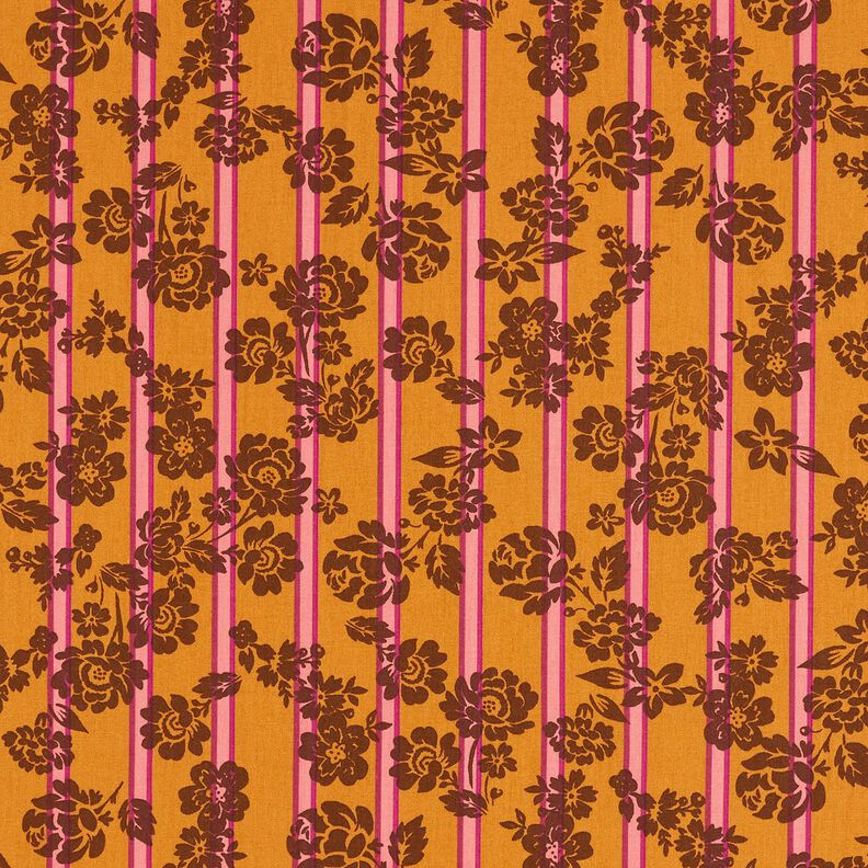 Katoenen stof Cretonne Bloemen op strepen – currygeel/purper,  image number 1