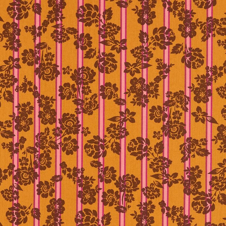 Katoenen stof Cretonne Bloemen op strepen – currygeel/purper, image number 1