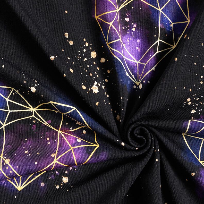 Katoenjersey Origami harten met gouden spikkels | Glitzerpüppi – zwart/lila, image number 3