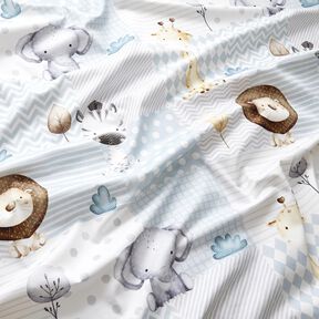 Decostof Katoenkeper Baby jungledieren Digitaal printen – wit/lichtblauw, 