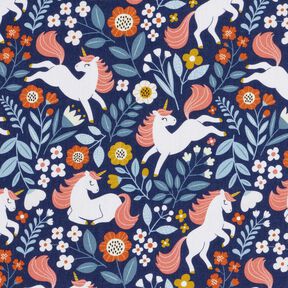 Katoenpopeline Bloemen-eenhoorn Digitaal printen – indigo, 