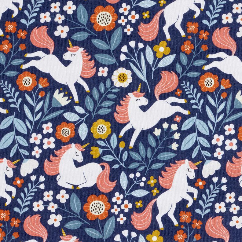 Katoenpopeline Bloemen-eenhoorn Digitaal printen – indigo,  image number 1