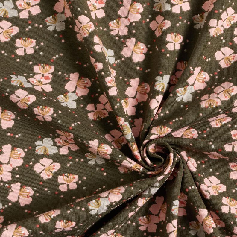 Katoenjersey Schattige bloemetjes – kaki, image number 3