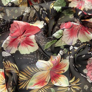 Chiffon exotische bloemen – zwart, 