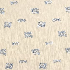 Mousseline/dubbel gehaakte stoffen opgestikte vis | Poppy Fabrics – ecru/koningsblauw, 