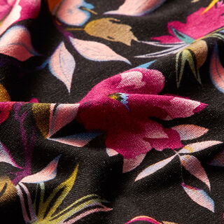 Viscosejersey prachtige bloemen – zwart/violet, 