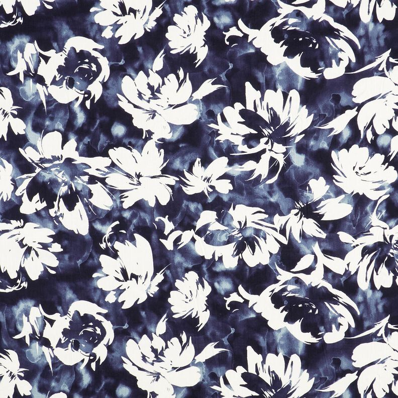 Viscosestof aquarel wilde rozen – marineblauw/ecru,  image number 1