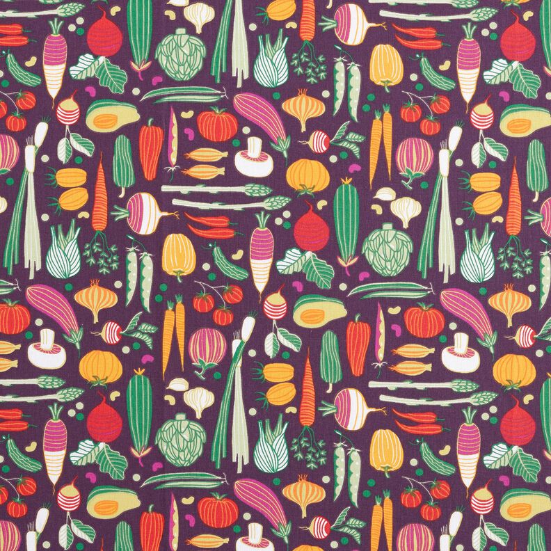 Katoenen stof Cretonne Verschillende groenten – aubergine/groen,  image number 1