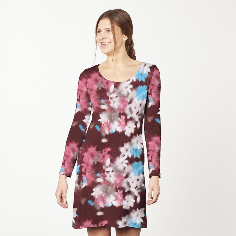 Katoenjersey Wazige bloemen digitale print &ndash; merlot/blauw,  image number 5
