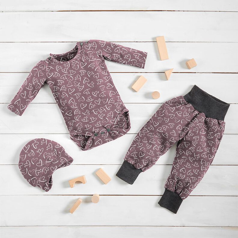 Katoenjersey Skribbel harten &ndash; pruimen/wit | Stofrestant 50cm,  image number 5