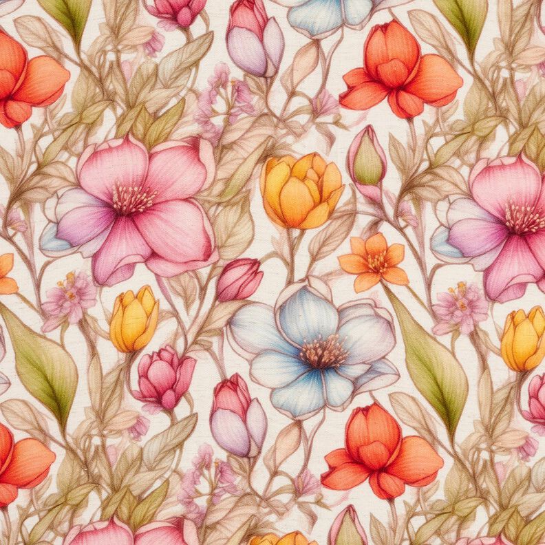 Viscose-linnen-mix Bloemen en rozenranken – natuur/vuurrood, image number 1