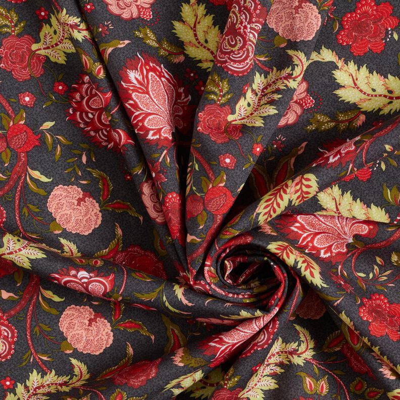 Viscosestof Paisley bloemen – anthraciet/vuurrood,  image number 3