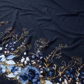 Katoenjersey Stof voor rand met bloemen in gouden glitters | Glitzerpüppi – nachtblauw/jeansblauw, 