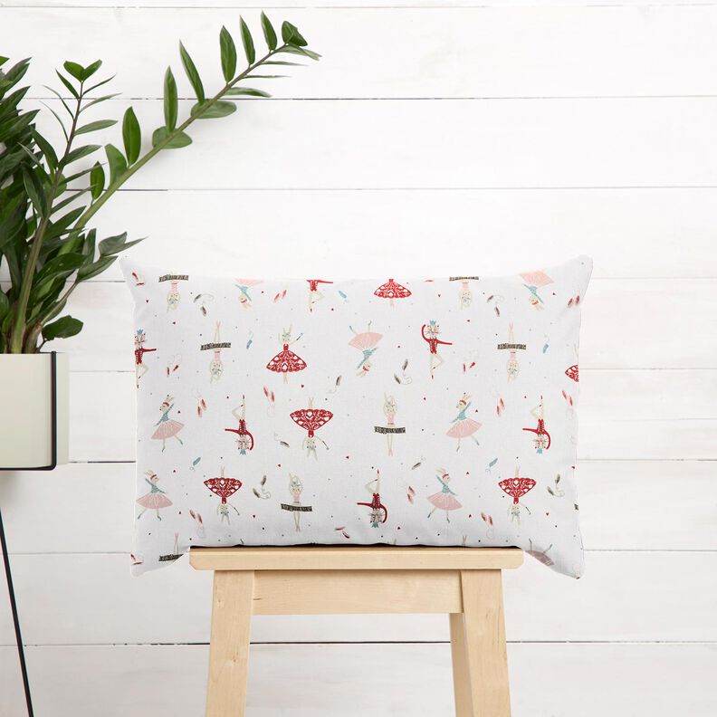 Katoenen stof Cretonne dansende dieren – wit/rood,  image number 6
