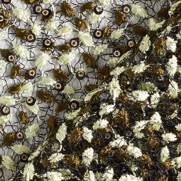 Kanten stof bloemenranken en pailletten – zwart/olijf,  image number 4