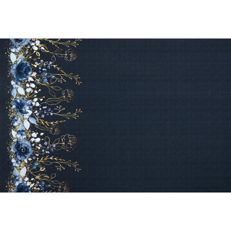 Katoenjersey Stof voor rand met bloemen in gouden glitters | Glitzerpüppi – nachtblauw/jeansblauw,  image number 8