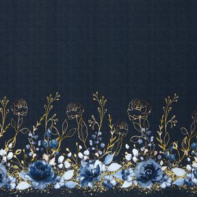 Katoenjersey Stof voor rand met bloemen in gouden glitters | Glitzerpüppi – nachtblauw/jeansblauw, 