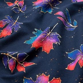 French Terry kleurrijke herfstbladeren | Glitzerpüppi – nachtblauw/vuurrood, 