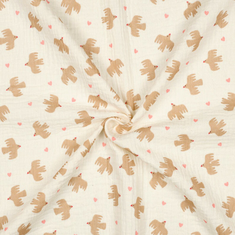 GOTS Mousseline/dubbel gehaakte stoffen Vogels en harten | Poppy Fabrics – ecru, image number 4