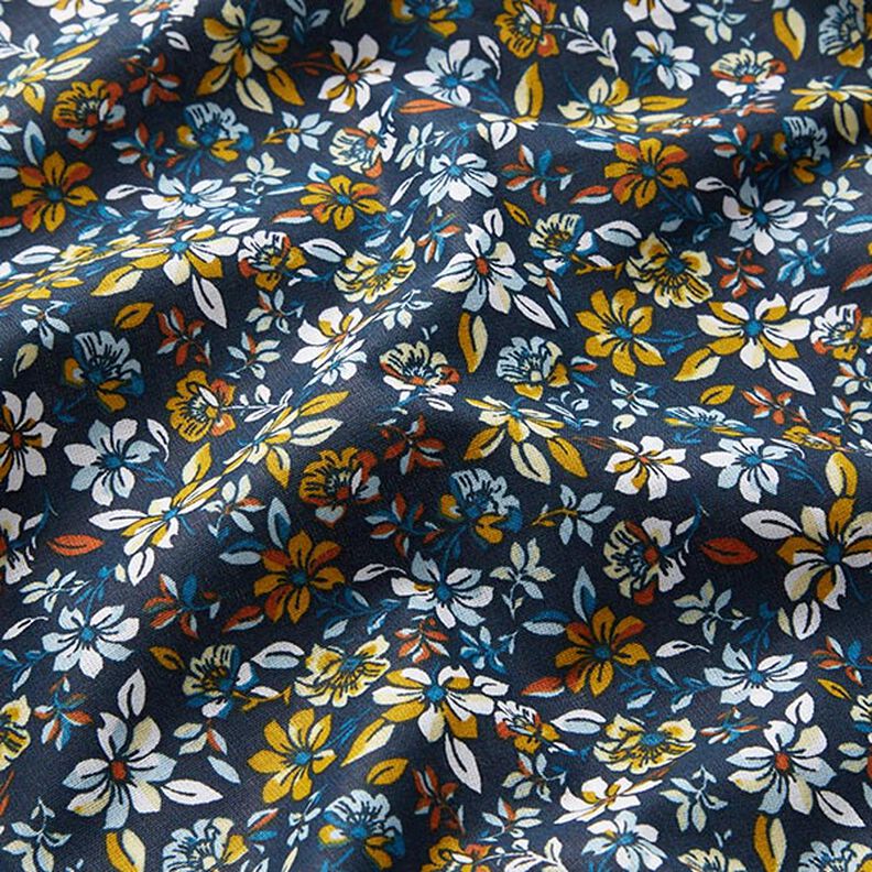 Katoenen stof Cretonne kleine bloesems – zonnegeel/marineblauw,  image number 2