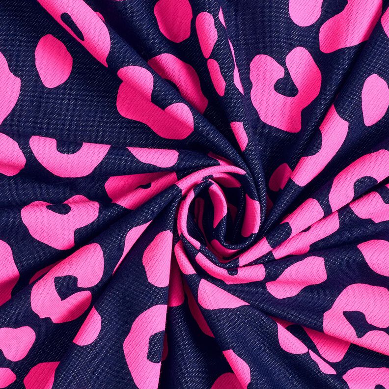 French Terry sommersweat Jeanslook neon luipaardprint – nachtblauw/neon pink, image number 3