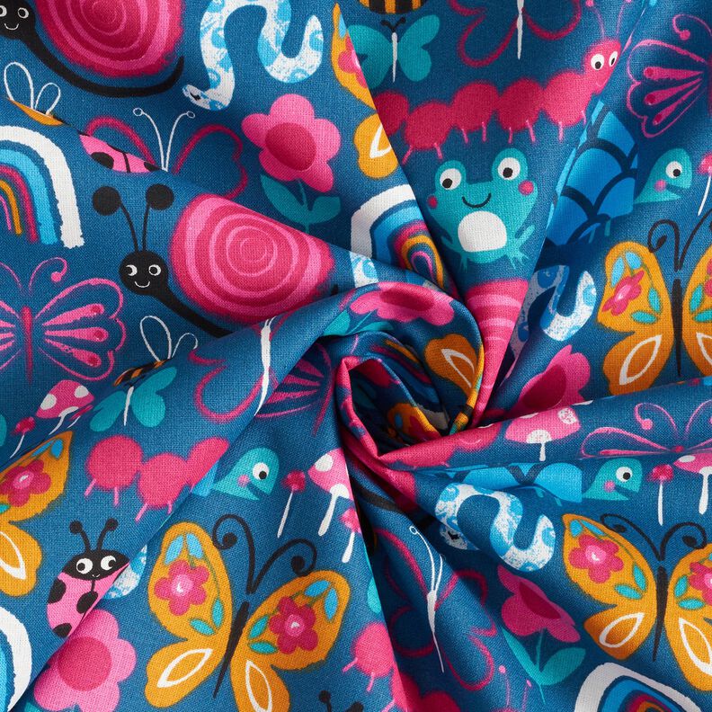 Katoenen stof Cretonne Vlinders en bijen – oceaanblauw/intens roze, image number 3