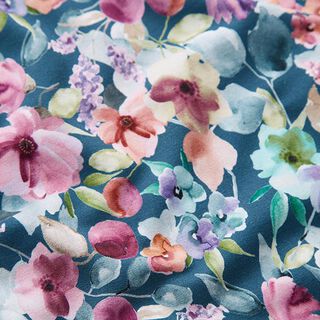 French Terry sommersweat Aquarel bloemenweide Digitaal printen – oceaanblauw, 