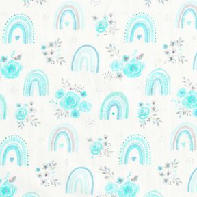 Katoenpopeline Rozen en regenbogen &ndash; wit/licht turkoois, 