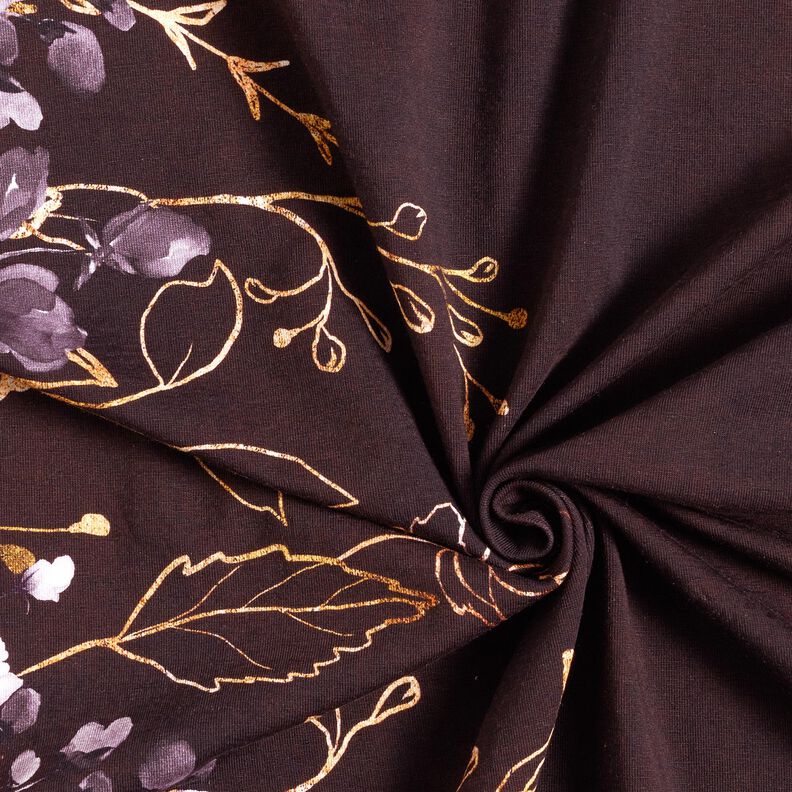 Katoenjersey Borduurstof Bloemen in gouden glitter | Glitzerpüppi – bordeauxrood/pastellila, image number 3