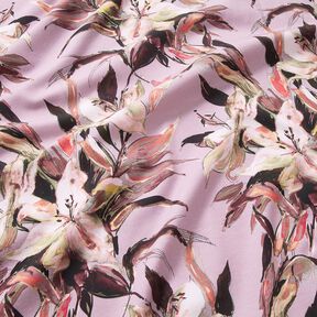 Katoenjersey Digitale print van grote lelies – pastelviolet/greige, 