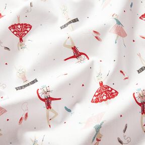 Katoenen stof Cretonne dansende dieren – wit/rood, 